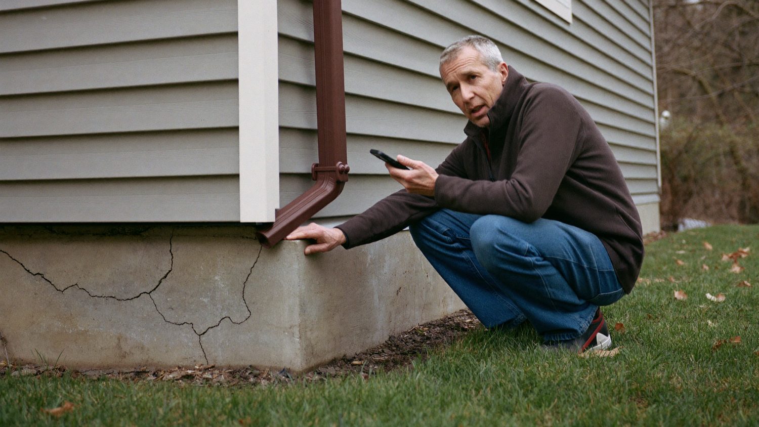 A homeowner crouched at the corner of his house looking at a crack in the foundation, phone in hand